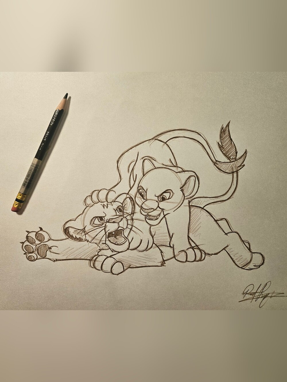 Disney Lion King Simba Nala Fighting Drawing/Sketch Animation Art Signed